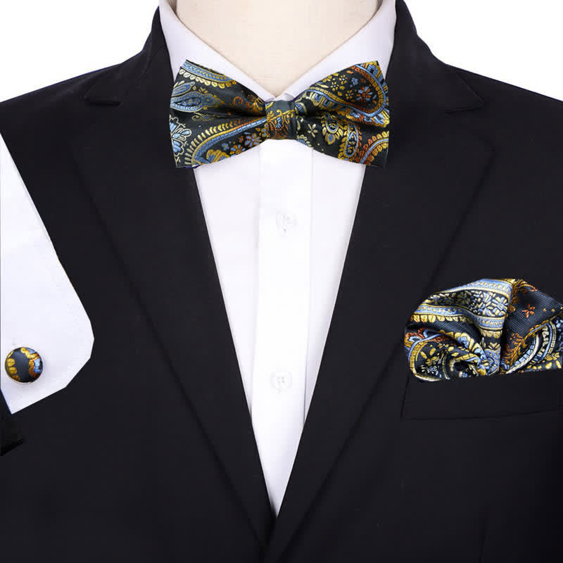 Set di 3 cravatte a farfalla con fazzoletto da taschino in jacquard paisley da uomo