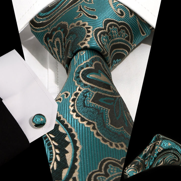 Set di 3 cravatte da uomo con motivo Paisley verde e nero