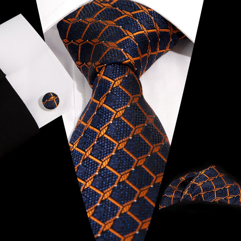 Set di 3 cravatte a quadri Gentlement da uomo - Blu navy e arancione - image 5