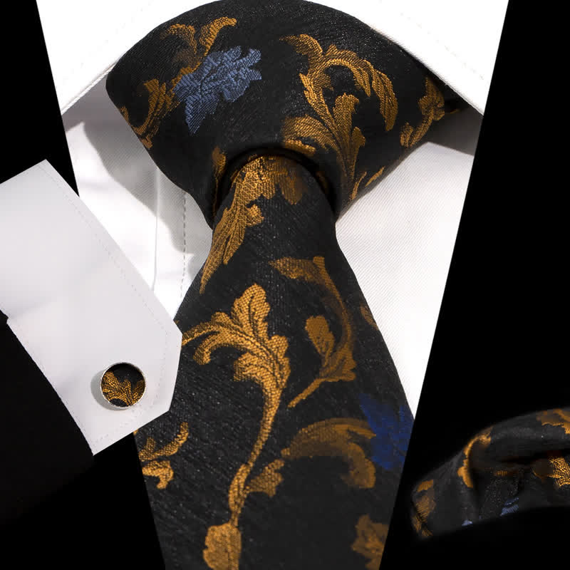 Set di 3 cravatte da uomo con fiori blu e foglie nere e dorate - Nero e oro - image 0