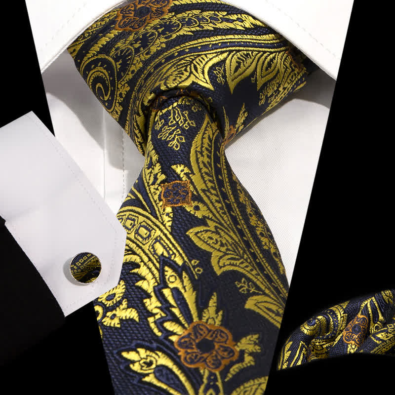 Set di 3 cravatte da uomo con motivo Paisley giallo e nero e fiori intrecciati - Giallo e nero - image 0