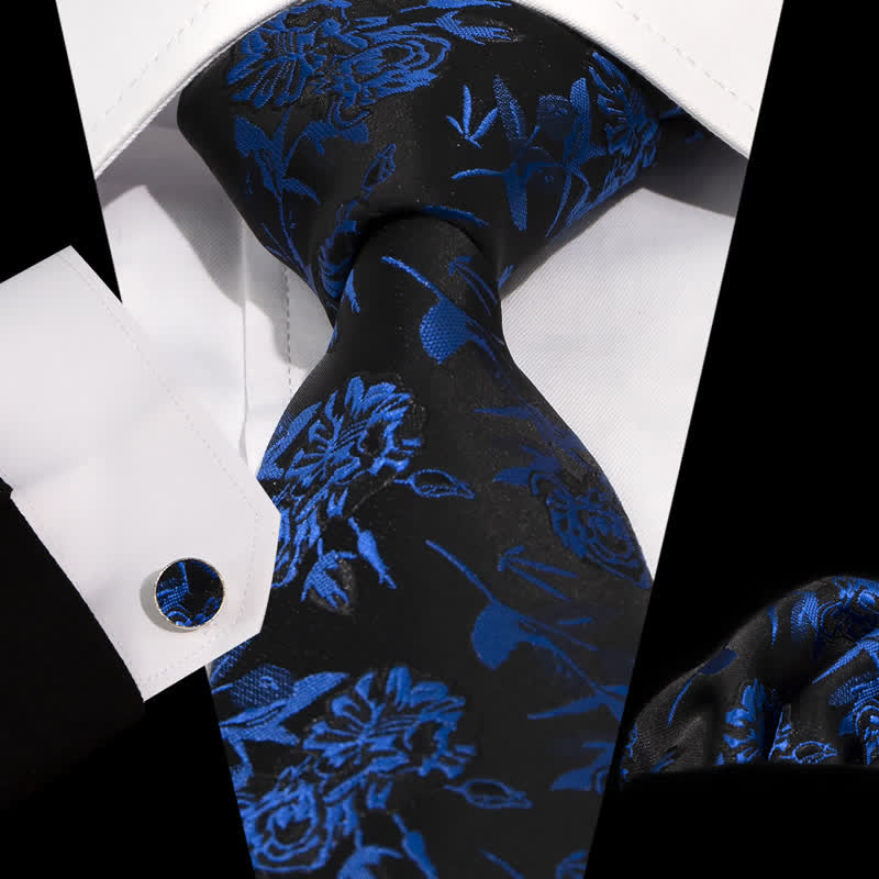 Set di 3 cravatte da uomo con fiori e foglie blu royal e nere - Blu reale e nero - image 0