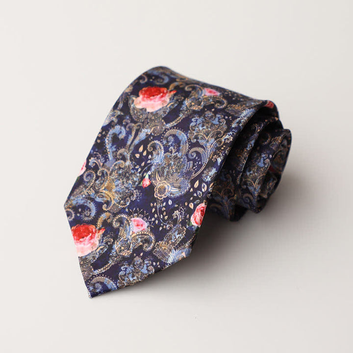 Cravatta da uomo con stampa floreale blu navy e rossa