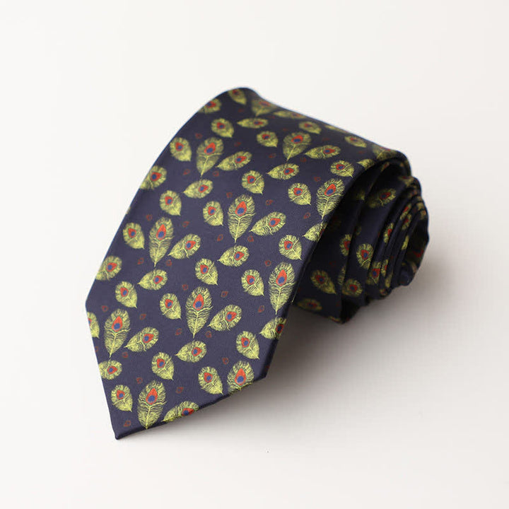 Cravatta da uomo con piume di pavone blu navy e verde