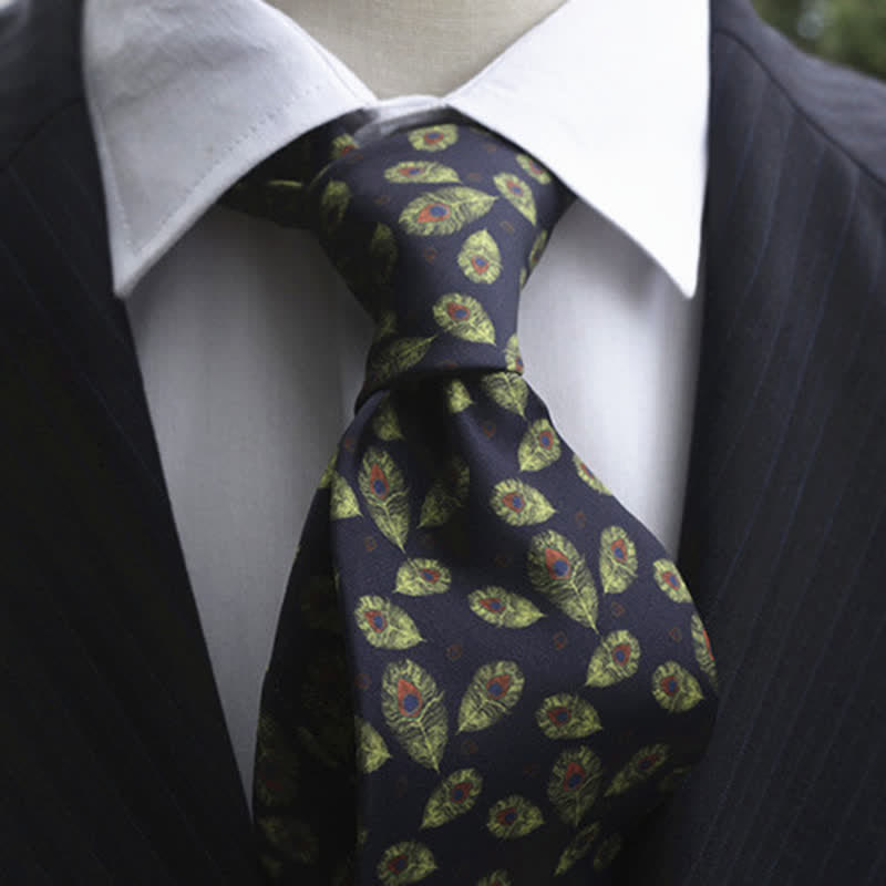Cravatta da uomo con piume di pavone blu navy e verde