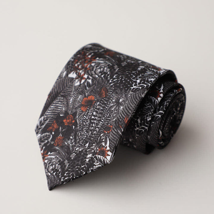 Cravatta da uomo con cardi neri e fiori rosso scuro