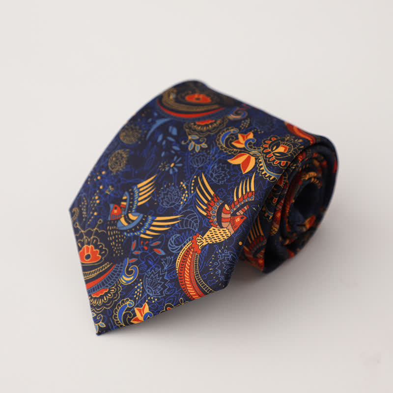 Cravatta da uomo con motivo a uccelli blu navy e arancioni vivaci - Blu navy e arancione - image 0