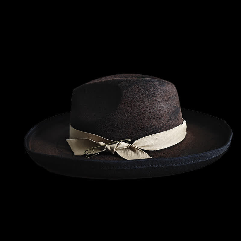 Cappello da cowboy con nodo a nastro in lana nera Fedora