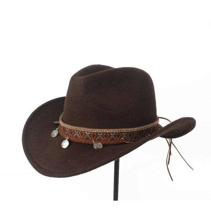 Cappello da cowboy retrò a tesa larga con fascia in corda intrecciata