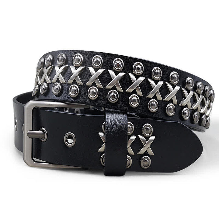 Cintura in pelle con borchie punk rock a 3 file Cross & Circle - Nero - 44 - image 0