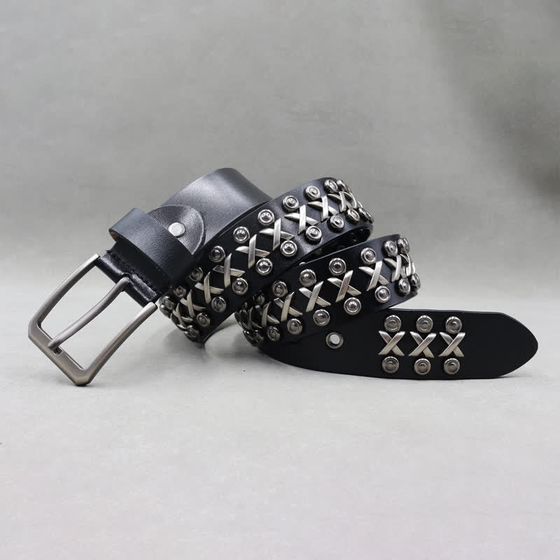 Cintura in pelle con borchie punk rock a 3 file Cross & Circle