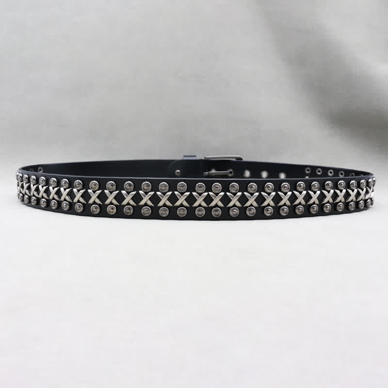 Cintura in pelle con borchie punk rock a 3 file Cross & Circle