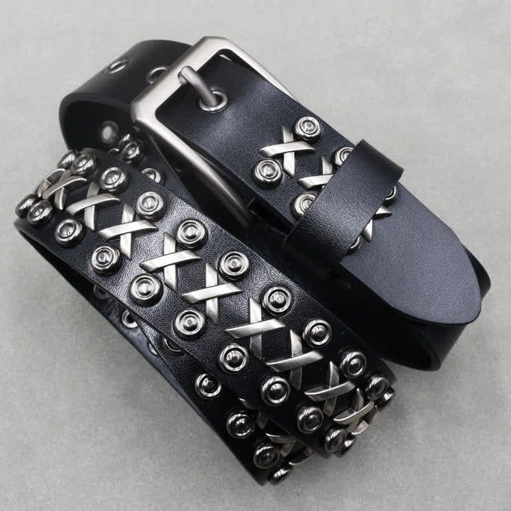 Cintura in pelle con borchie punk rock a 3 file Cross & Circle