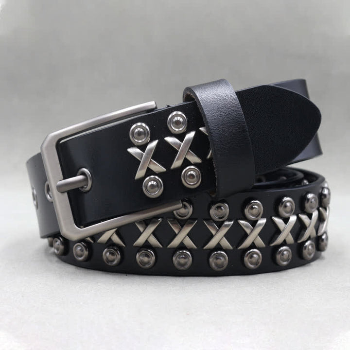 Cintura in pelle con borchie punk rock a 3 file Cross & Circle