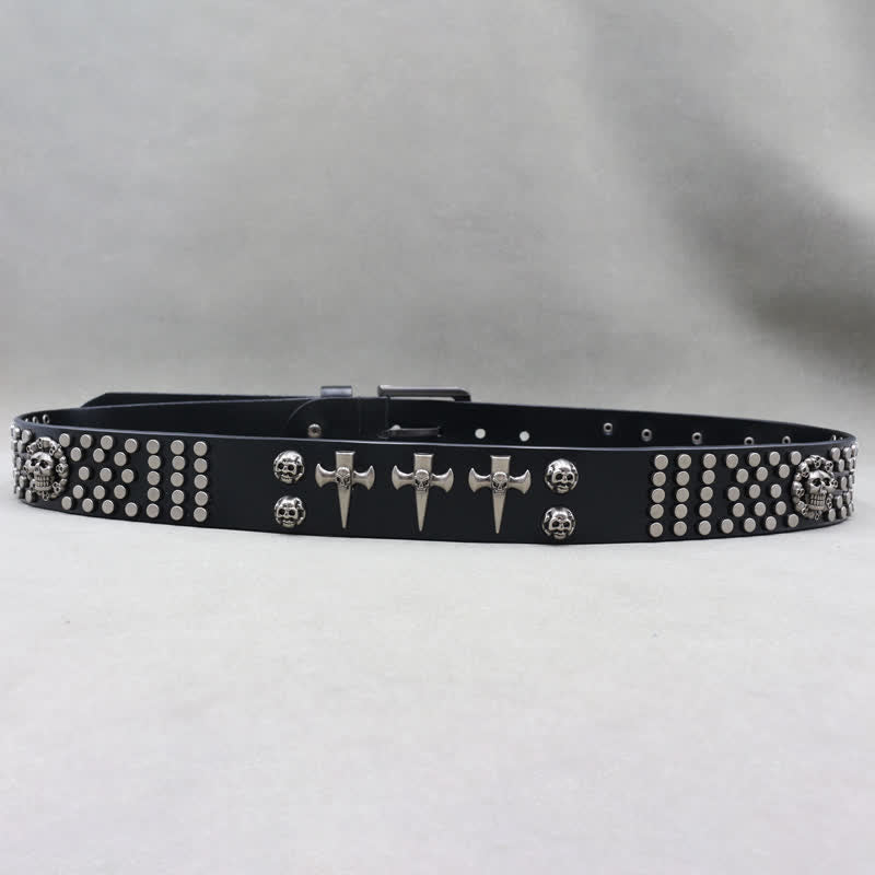 Cintura in pelle con borchie punk rock a 3 file con croce e teschio - image 4