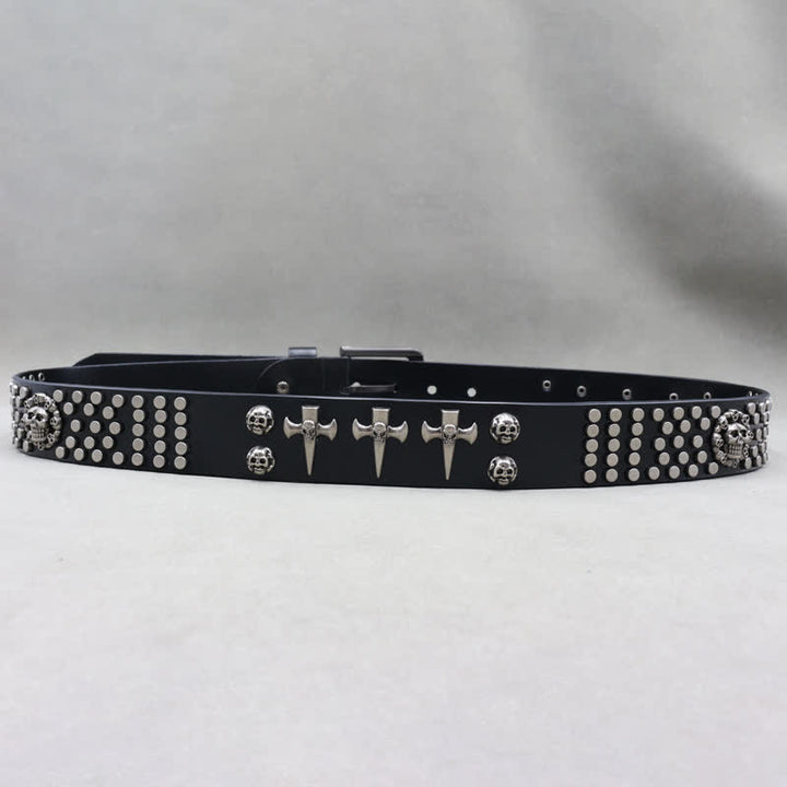 Cintura in pelle con borchie punk rock a 3 file con croce e teschio - image 4
