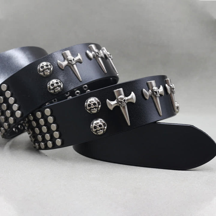 Cintura in pelle con borchie punk rock a 3 file con croce e teschio - image 2