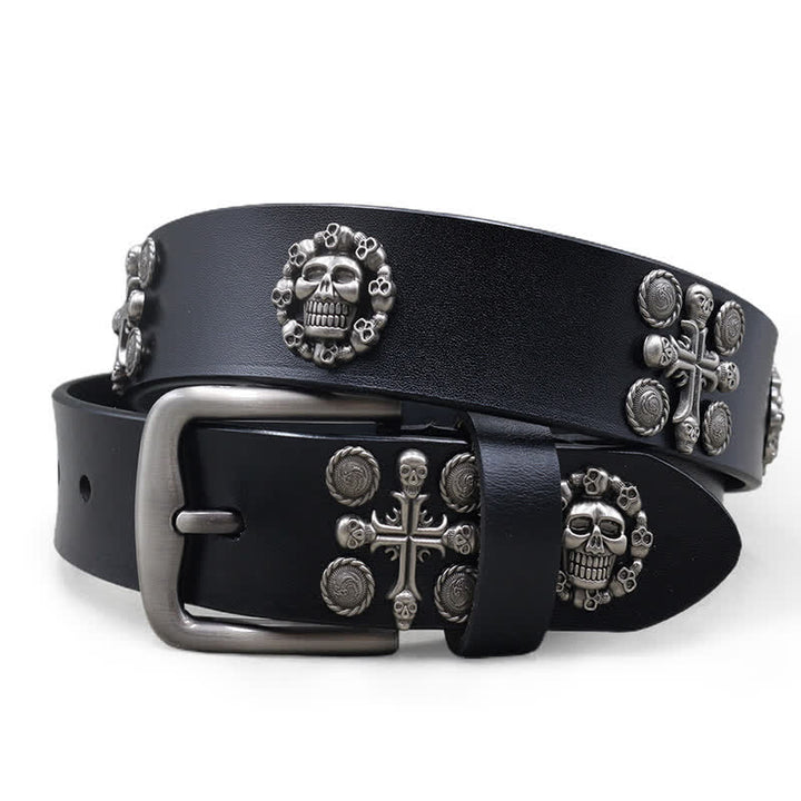Cintura in pelle con borchie e motivo a croce e teschio con rivetti in metallo - Nero - 44 - image 0