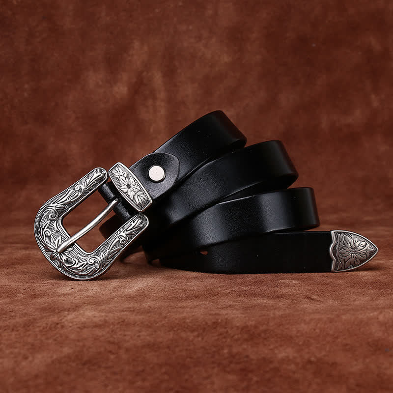 Cintura in pelle stretta in stile western con fibbia intagliata retrò