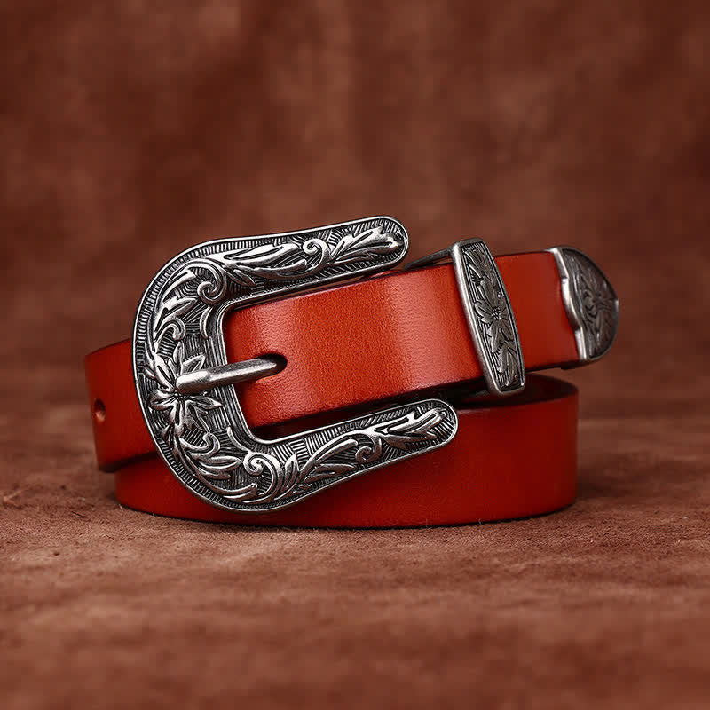 Cintura in pelle stretta in stile western con fibbia intagliata retrò - Arancia - 40 - image 8