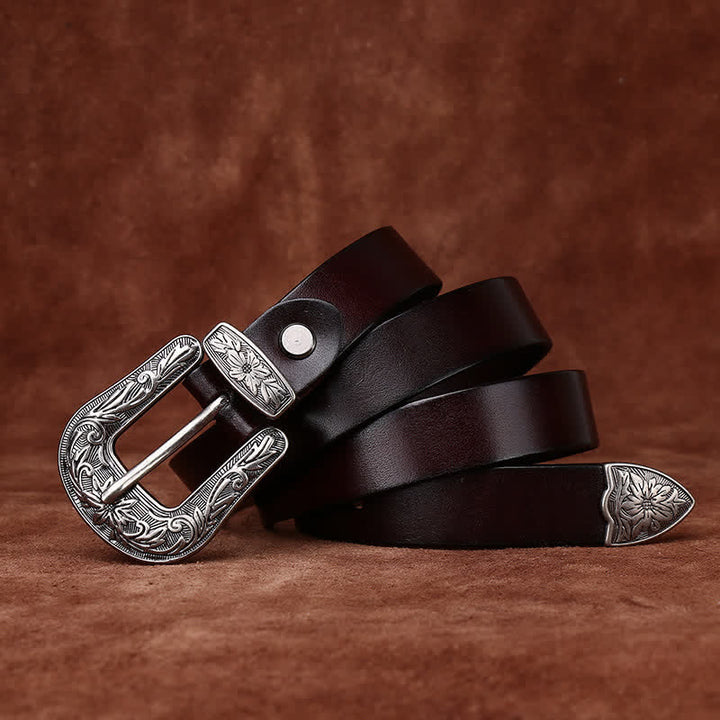 Cintura in pelle stretta in stile western con fibbia intagliata retrò - Marrone - 40 - image 0