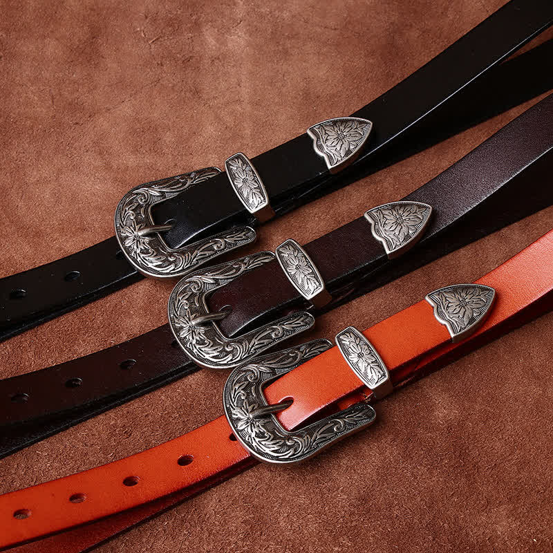 Cintura in pelle stretta in stile western con fibbia intagliata retrò