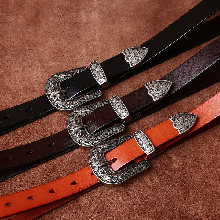 Cintura in pelle stretta in stile western con fibbia intagliata retrò