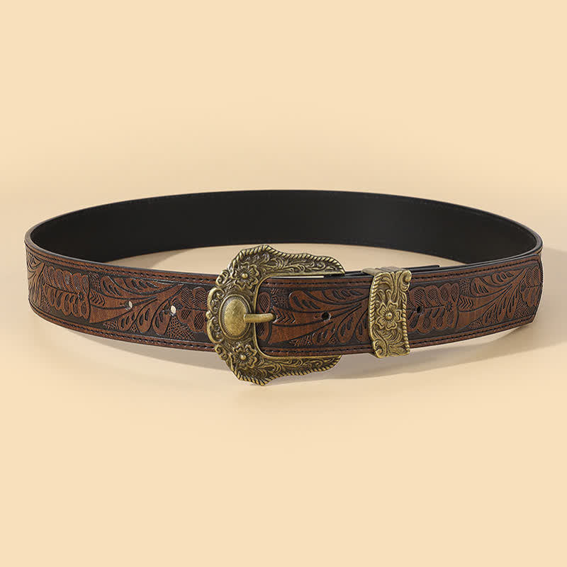 Cintura in pelle con fibbia intagliata in bronzo e motivo floreale Boho - image 1