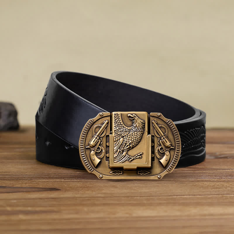 Cintura in pelle fai da te da uomo con aquila in bronzo e accendino nascosto