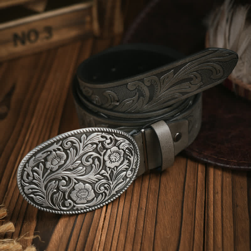 Cintura in pelle da cowboy con fibbia a fiore intagliata occidentale - image 1