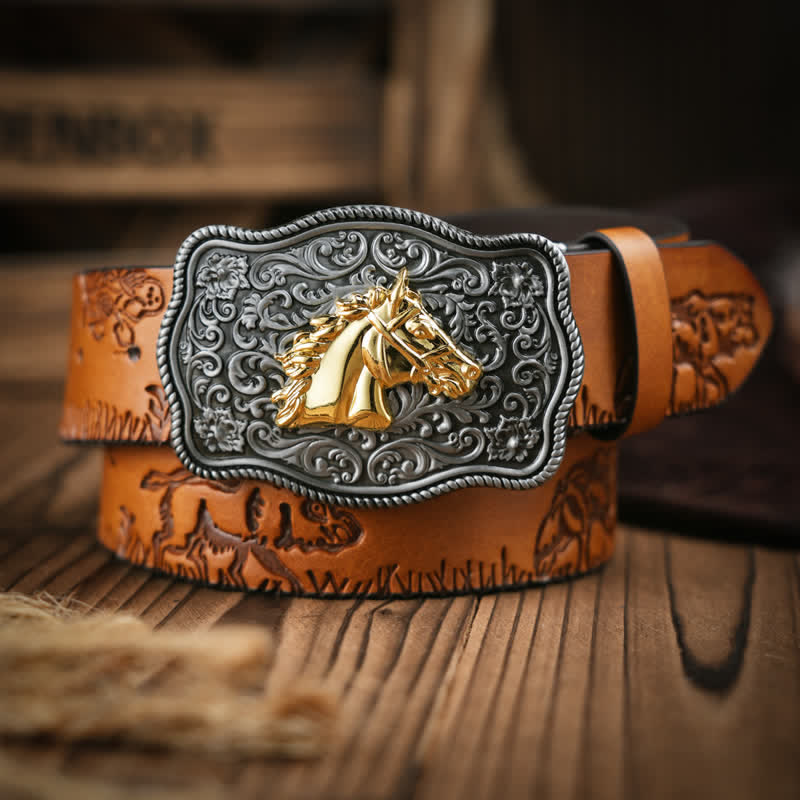 Cintura in pelle con motivo in rilievo a testa di cavallo dorata in stile cowboy - Arancia - 38 - image 0