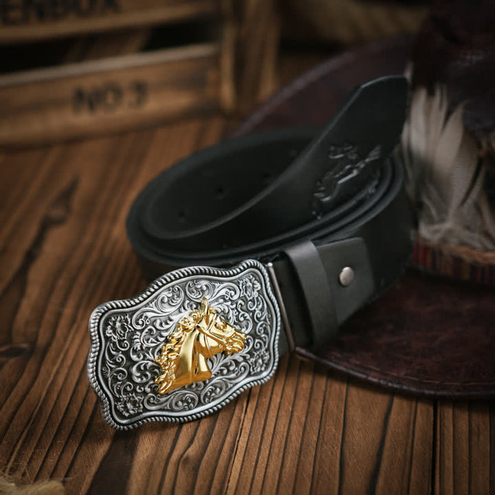 Cintura in pelle con motivo in rilievo a testa di cavallo dorata in stile cowboy