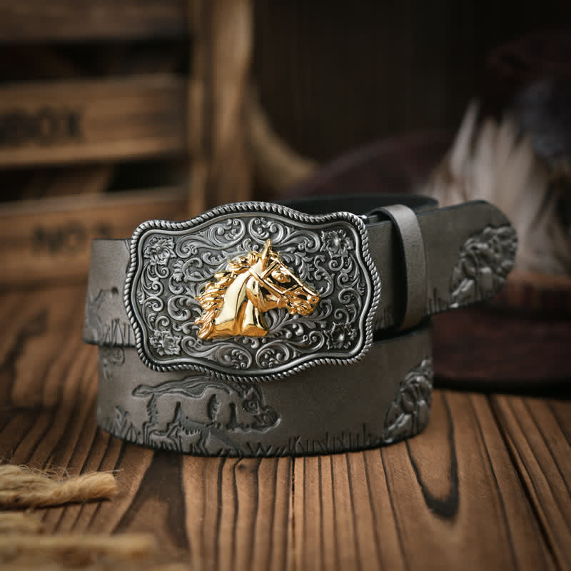 Cintura in pelle con motivo in rilievo a testa di cavallo dorata in stile cowboy