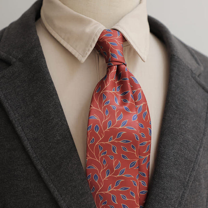 Cravatta da uomo con stampa floreale a foglie rosso scuro e blu navy