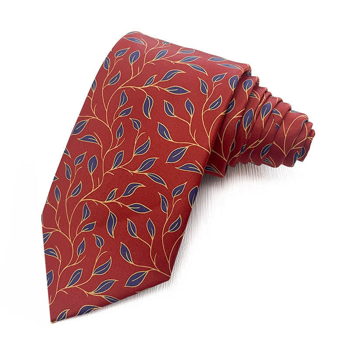Cravatta da uomo con stampa floreale a foglie rosso scuro e blu navy