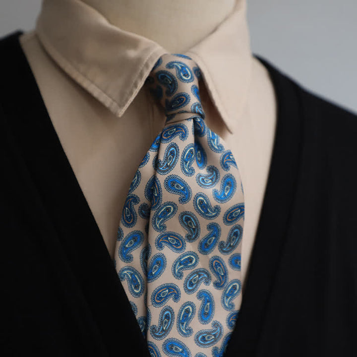 Cravatta da uomo in stile smoking Paisley retrò blu e cachi