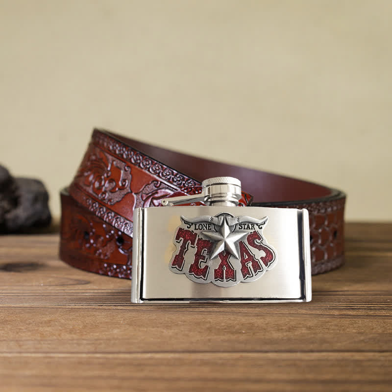 Cintura in pelle fai da te da 3oz Texas Star da uomo con fiaschetta nascosta - Stella del Texas - Cintura marrone intagliata - 42 - image 7