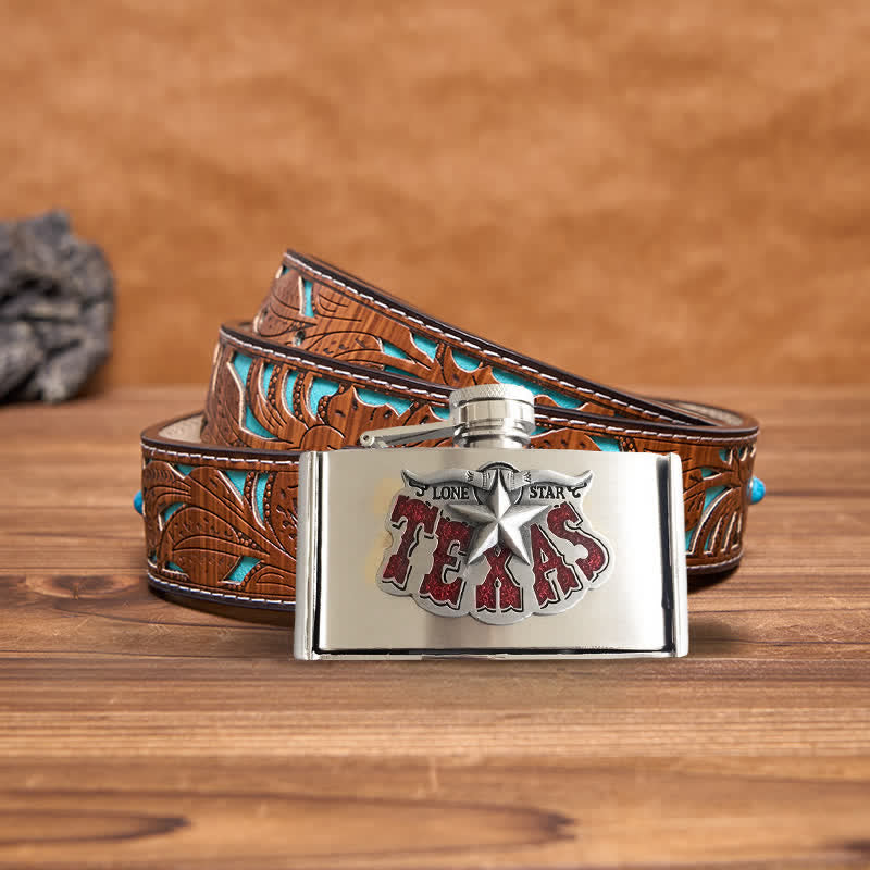Cintura in pelle fai da te da 3oz Texas Star da uomo con fiaschetta nascosta - Stella del Texas - Cintura intagliata turchese - 42 - image 4