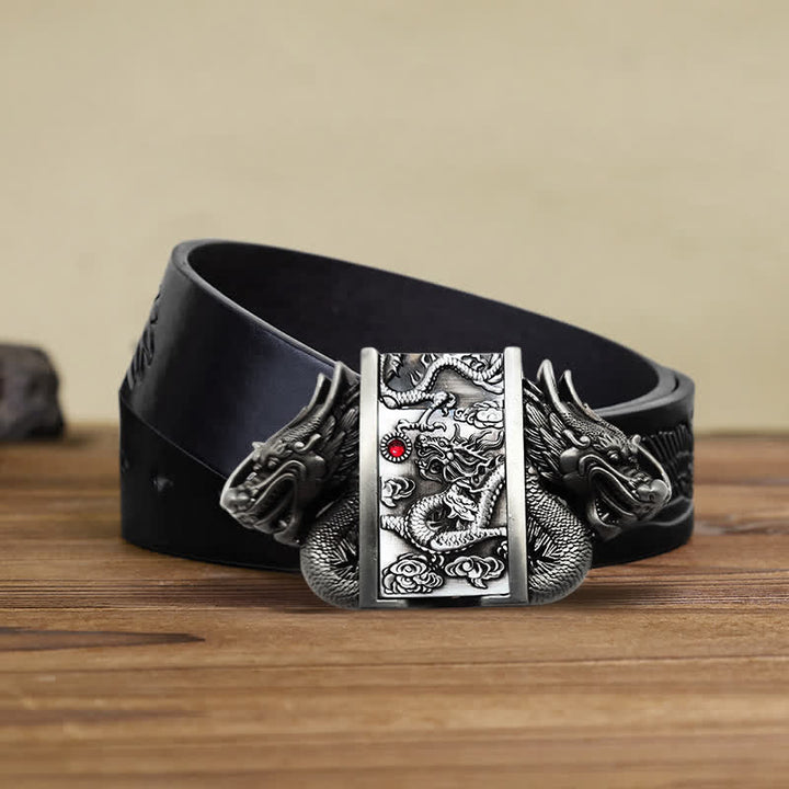 Cintura in pelle Dual Dragon argento antico fai da te da uomo con accendino nascosto