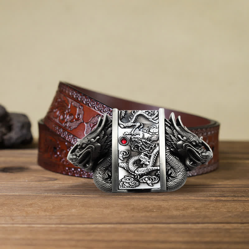 Cintura in pelle Dual Dragon argento antico fai da te da uomo con accendino nascosto
