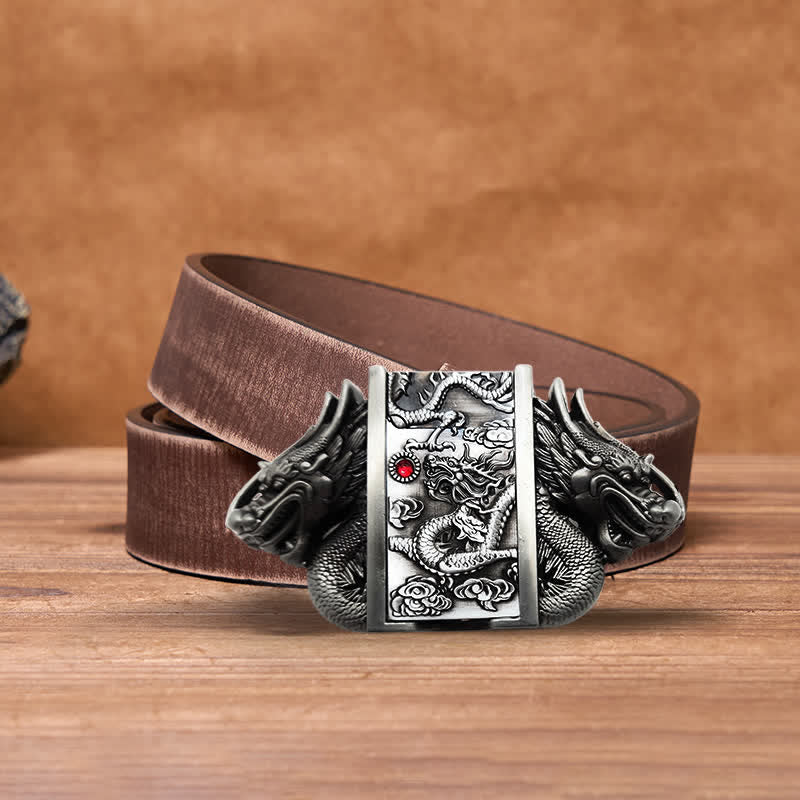 Cintura in pelle Dual Dragon argento antico fai da te da uomo con accendino nascosto