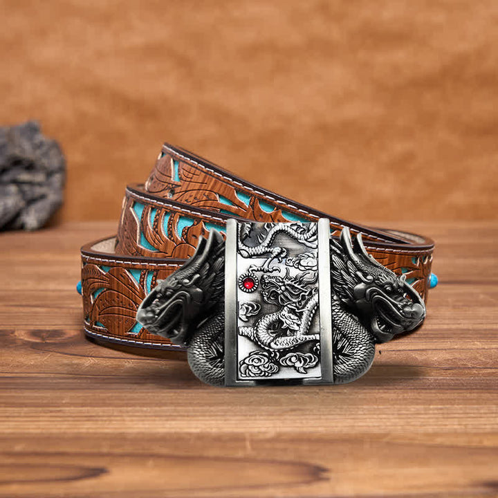 Cintura in pelle Dual Dragon argento antico fai da te da uomo con accendino nascosto