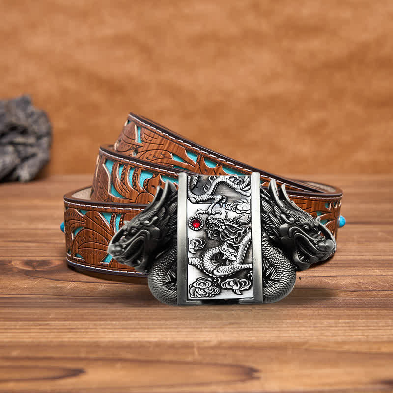 Cintura in pelle Dual Dragon argento antico fai da te da uomo con accendino nascosto