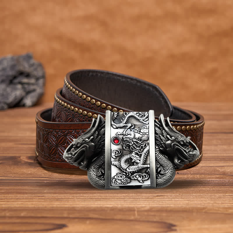 Cintura in pelle Dual Dragon argento antico fai da te da uomo con accendino nascosto