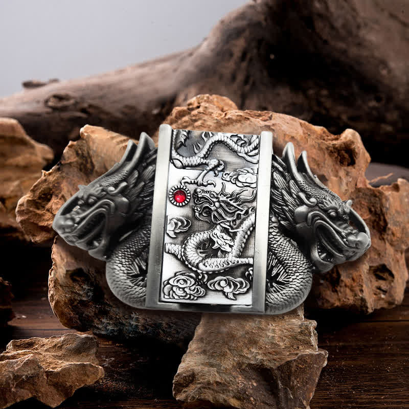 Cintura in pelle Dual Dragon argento antico fai da te da uomo con accendino nascosto