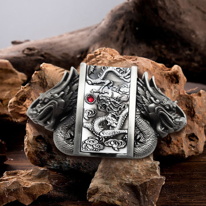 Cintura in pelle Dual Dragon argento antico fai da te da uomo con accendino nascosto