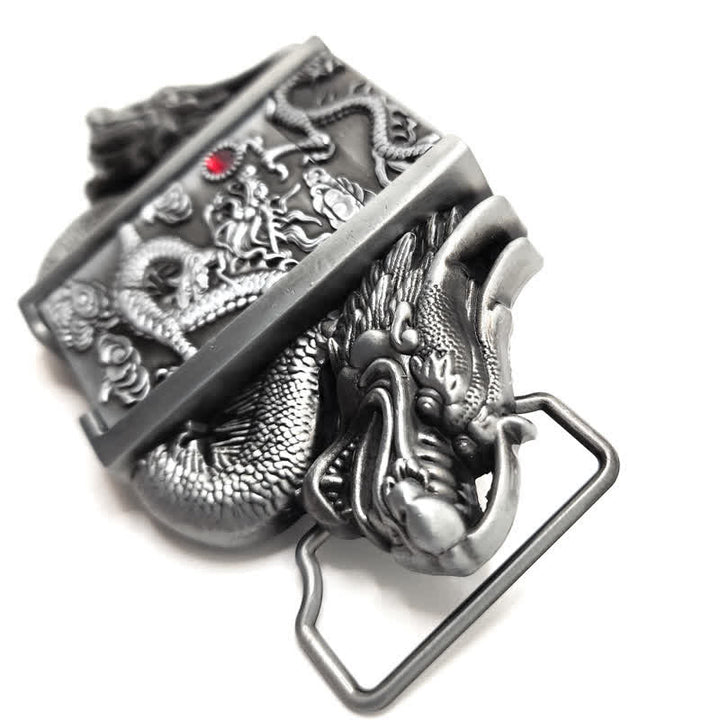 Cintura in pelle Dual Dragon argento antico fai da te da uomo con accendino nascosto