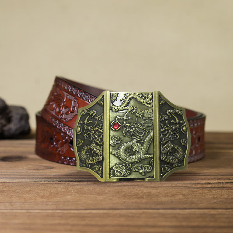 Cintura in pelle fai da te da uomo con drago in bronzo e accendino nascosto