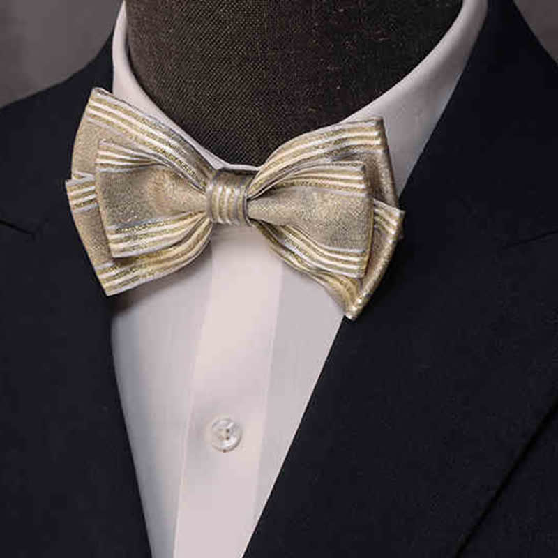Papillon classico a righe a triplo strato lucido da uomo - Beige - image 0