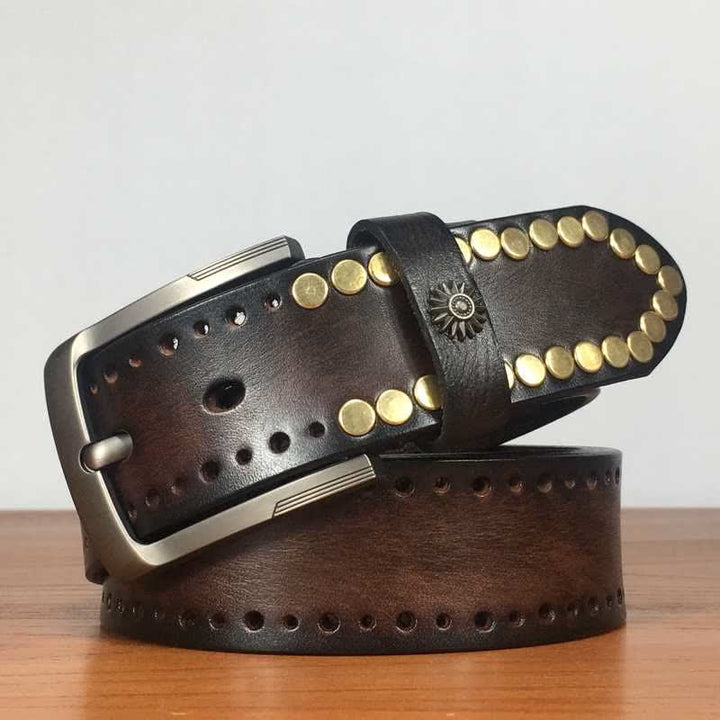 Cintura in pelle con borchie e rivetti circolari in bronzo retrò vintage
